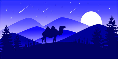 Fototapeta premium Vector Landscape Illustration of Beautiful mountain landscape with Camel, pine tree, and forest. sunrise and sunset in mountains.