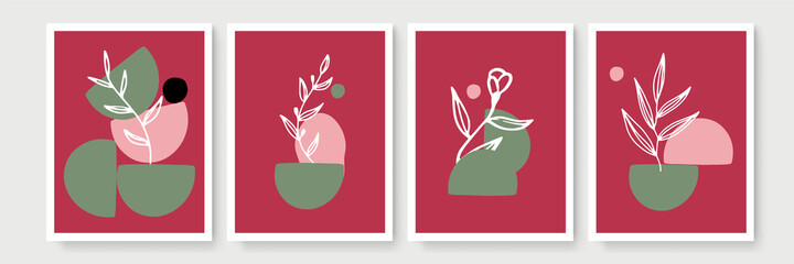 Botanical wall art vector set. Earth tone boho foliage line art drawing with abstract shape. Abstract Plant Art design for wall framed prints, canvas prints, poster, home decor, cover, wallpaper.