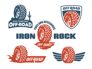 Set of off-road tyre service logo emblems and badges. © dmaryashin
