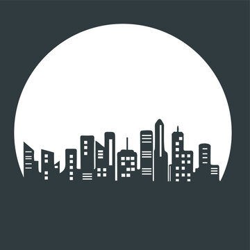 Building City With Night Circle Black Logo Design Vector Icon Symbol Illustration
