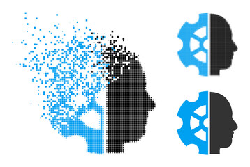 Burst pixelated intellect icon with destruction effect, and halftone vector icon. Pixelated degradation effect for intellect shows speed and motion of cyberspace abstractions.