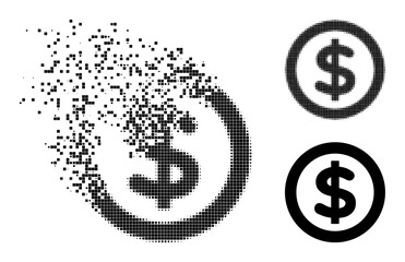 Dissolving dot finance glyph with wind effect, and halftone vector composition. Pixelated explosion effect for finance demonstrates speed and movement of cyberspace things.