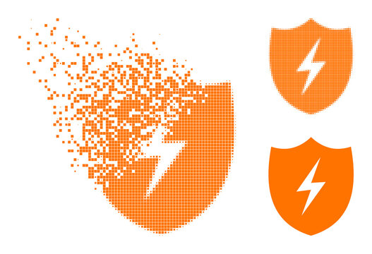 Fragmented pixelated electric shield icon with destruction effect, and halftone vector icon. Pixel defragmentation effect for electric shield reproduces speed and motion of cyberspace abstractions.
