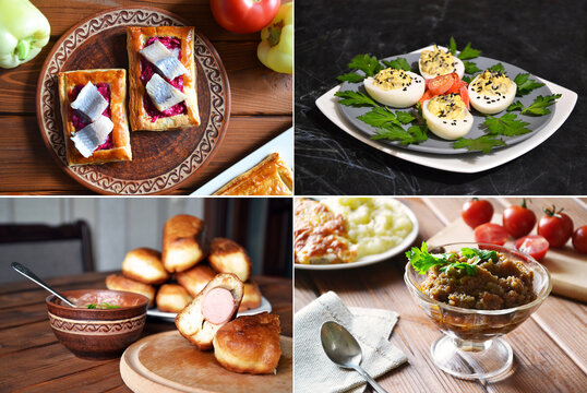  Four traditional Ukrainian cuisine refreshment dishes - herring, stuffed eggs, sosage pies and eggplant mash (ikra)