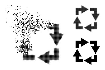 Decomposed pixelated recycle pictogram with wind effect, and halftone vector image. Pixelated dissipation effect for recycle shows speed and movement of cyberspace items.