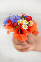 Blurred image of a small bouquet with poppies, daisies, cornflowers, strawberries in the girl's hand on a light background.