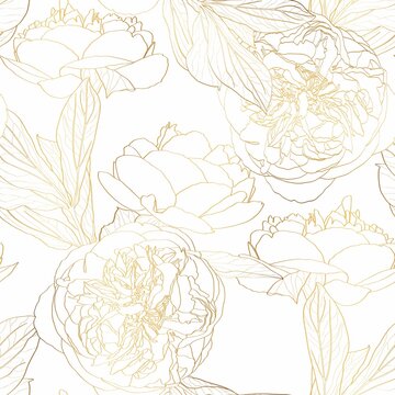 Roses peony. Floral vintage seamless pattern. Gold  flowers, leaves, branches on white background. Illustration art for textiles, paper design.