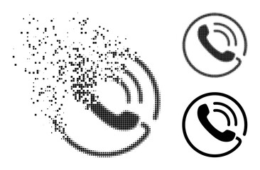 Erosion pixelated phone call pictogram with destruction effect, and halftone vector pictogram. Pixelated destruction effect for phone call shows speed and movement of cyberspace concepts.