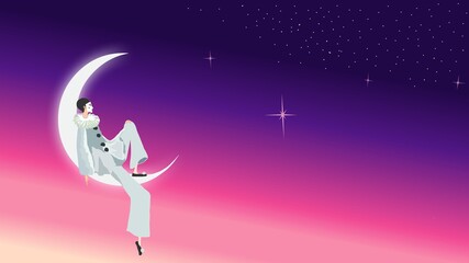 Pierrot sits on the moon against the starry night sky