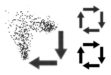 Fragmented pixelated circulation arrows glyph with destruction effect, and halftone vector icon. Pixelated dissipating effect for circulation arrows shows speed and motion of cyberspace items.