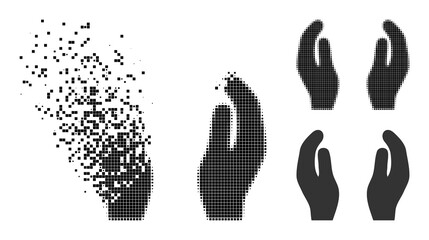 Dust dot care hands glyph with destruction effect, and halftone vector symbol. Pixelated explosion effect for care hands gives speed and motion of cyberspace items.
