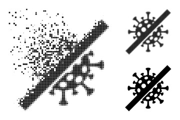 Dissolving dot no covid virus pictogram with wind effect, and halftone vector pictogram. Pixel dissolving effect for no covid virus reproduces speed and movement of cyberspace concepts.