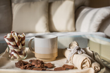 Tray With Coffee Served For Breakfast.
Tray With Jug Of Hot Fresh Coffee And Cookies Placed On The Table In The Morning.
