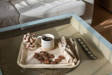 Tray With Coffee Served For Breakfast.
Tray With Jug Of Hot Fresh Coffee And Cookies Placed On The Table In The Morning.