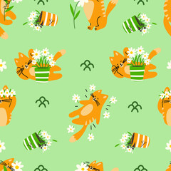 Cute cat and flowers seamless pattern. Perfect for children room, gift warp or any project.