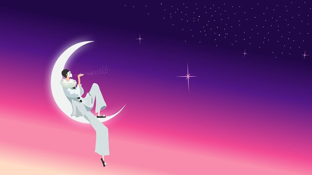 Pierrot sits on the moon against the starry night sky and lights the stars with his breath.
