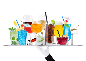 Batler waiter wearing white glove tray with various cocktails with ice isolated on white.Blue lagoon, martini, negroni, mojito, spritz, gimlet, cuba libre, cosmopolitan, margarita.