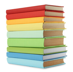 Many colorful hardcover books on white background