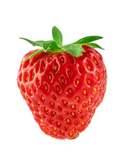 ripe red strawberry berry with green leaves, isolate on a white background
