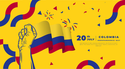 Banner illustration of Colombia independence day celebration. Waving flag and hands clenched. Vector illustration.