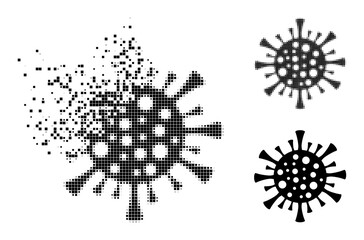 Dissolving dot corona virus glyph with wind effect, and halftone vector composition. Pixel dispersing effect for corona virus gives speed and motion of cyberspace items.