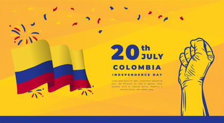 Banner illustration of Colombia independence day celebration. Waving flag and hands clenched. Vector illustration.