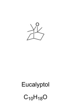 Eucalyptol chemical formula and structure. 1,8-Cineole, organic compound, with mint-like smell and cooling taste. Main component of eucalyptus oil. Used in flavorings, fragrances and cosmetics. Vector