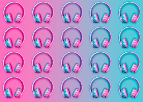 Pattern of rows of pink and blue wireless headphones