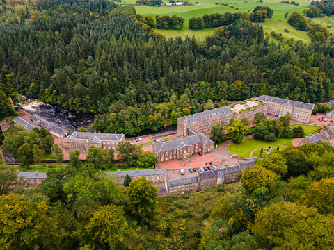 UK, Scotland, New Lanark, Aerial view of historical village on River Clyde