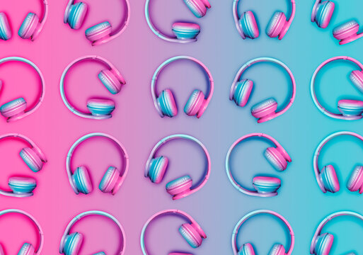 Pattern of rows of pink and blue wireless headphones
