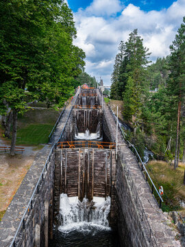 Aerial view of�Vrangfoss�Locks on�Telemark Canal