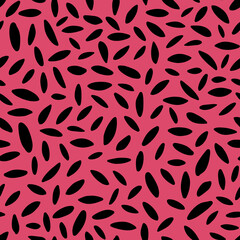 Abstract shaped seamless repeat pattern. Random placed, vector geometrical minimal elements all over surface pattern on pink background.