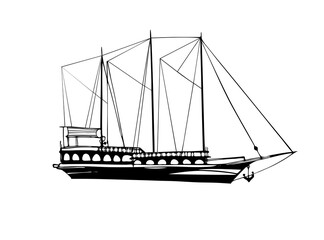 Pirate ship. Pirate schooner. Vintage pleasure ship, old boat in the sea. Hand drawn sketch. Line art. Black and white vector illustration on white background. 