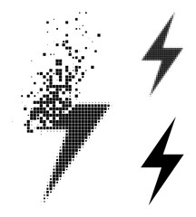 Dispersed dotted electricity icon with wind effect, and halftone vector icon. Pixelated disintegration effect for electricity demonstrates speed and movement of cyberspace things.