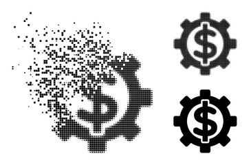 Dissolving dot financial options glyph with destruction effect, and halftone vector symbol. Pixelated creation effect for financial options reproduces speed and movement of cyberspace concepts.