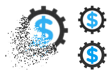 Fractured pixelated financial industry icon with wind effect, and halftone vector icon. Pixelated dispersing effect for financial industry shows speed and movement of cyberspace objects.