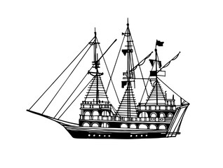 Pirate ship. Pirate schooner. Vintage pleasure ship, old boat in the sea. Hand drawn sketch. Line art. Black and white vector illustration on white background. 