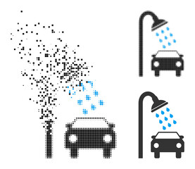Decomposed pixelated car shower pictogram with wind effect, and halftone vector pictogram. Pixelated dissipating effect for car shower shows speed and movement of cyberspace things.