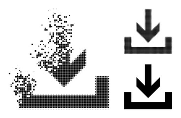 Dissipated pixelated downloads icon with wind effect, and halftone vector icon. Pixelated dissipation effect for downloads gives speed and movement of cyberspace matter.