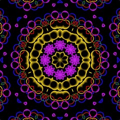 Colourful floral pattern design with black background.