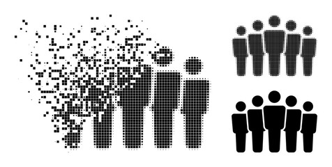 Decomposed dot people crowd icon with destruction effect, and halftone vector icon. Pixelated dissipation effect for people crowd demonstrates speed and movement of cyberspace things.