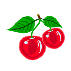 Two ripe red cherries with leaves isolated on a white background.Vector illustration.Berries can be used in textiles.postcards,packages of juice, jams ,cakes.