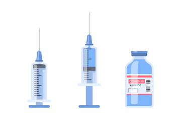 Medical syringe and vaccine bottle. Covid-19 coronavirus vaccine injection. Virus immunity. Vector illustration isolated on white background