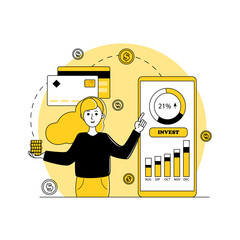 Phone with an investment application, woman with coins in her hand, investing money online. Infographics. Profit, making money, finance app, business, investment concept. Trendy vector illustration