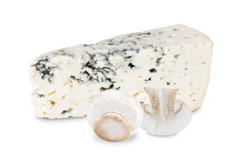 Champignons and blue cheese on an isolated white background.