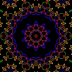 Colourful floral pattern design with black background.