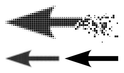 Damaged pixelated sharp arrow left glyph with destruction effect, and halftone vector symbol. Pixelated destruction effect for sharp arrow left reproduces speed and motion of cyberspace abstractions.