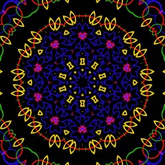 Colourful floral pattern design with black background.