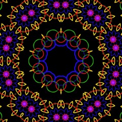 Colourful floral pattern design with black background.