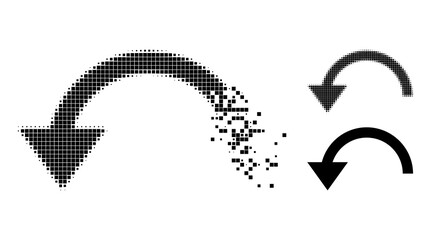 Disappearing pixelated rotate ccw pictogram with wind effect, and halftone vector image. Pixelated dissolution effect for rotate ccw gives speed and movement of cyberspace things.